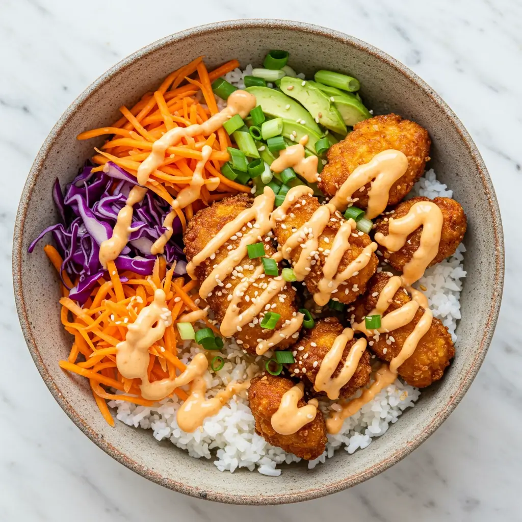 Bang Bang Chicken Bowl with sauce and colorful veggies
