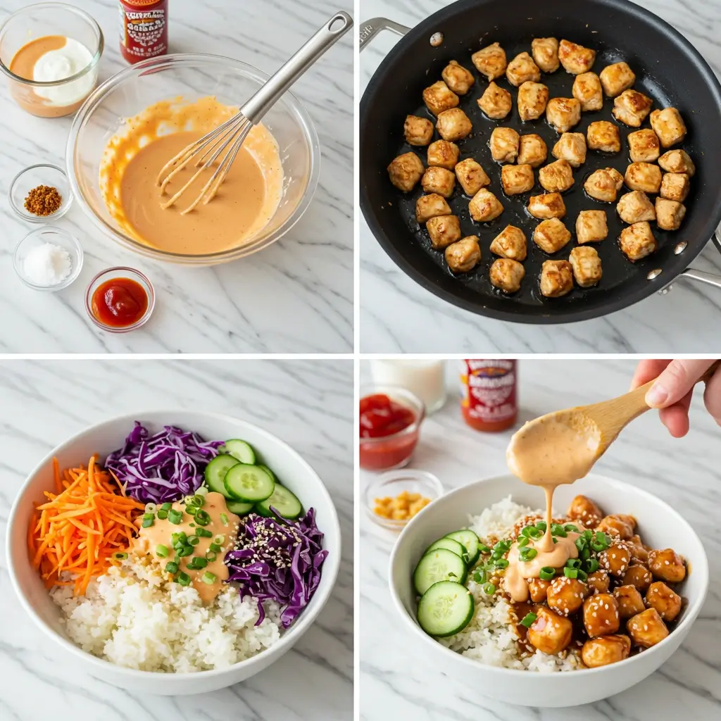 Step-by-step process of making Bang Bang Chicken Bowl