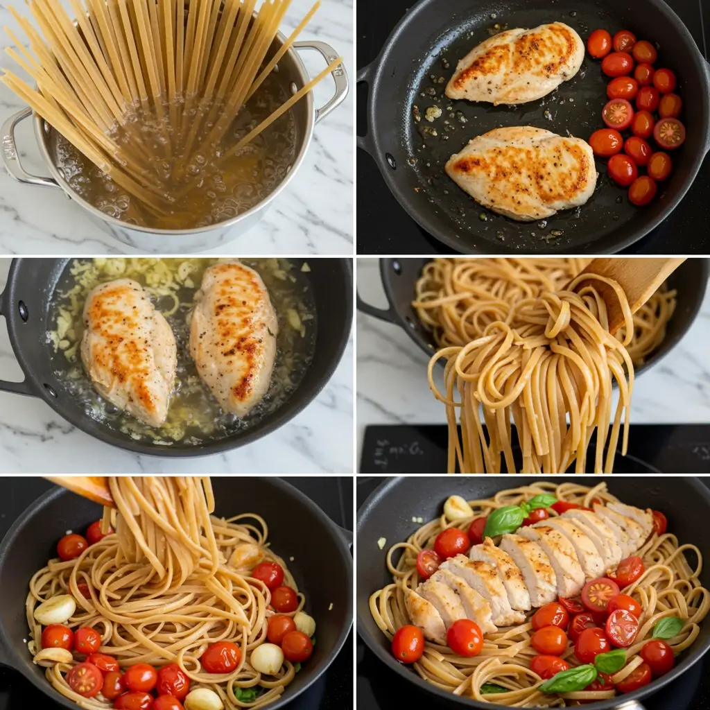 Step-by-step cooking process for healthy bruschetta chicken pasta