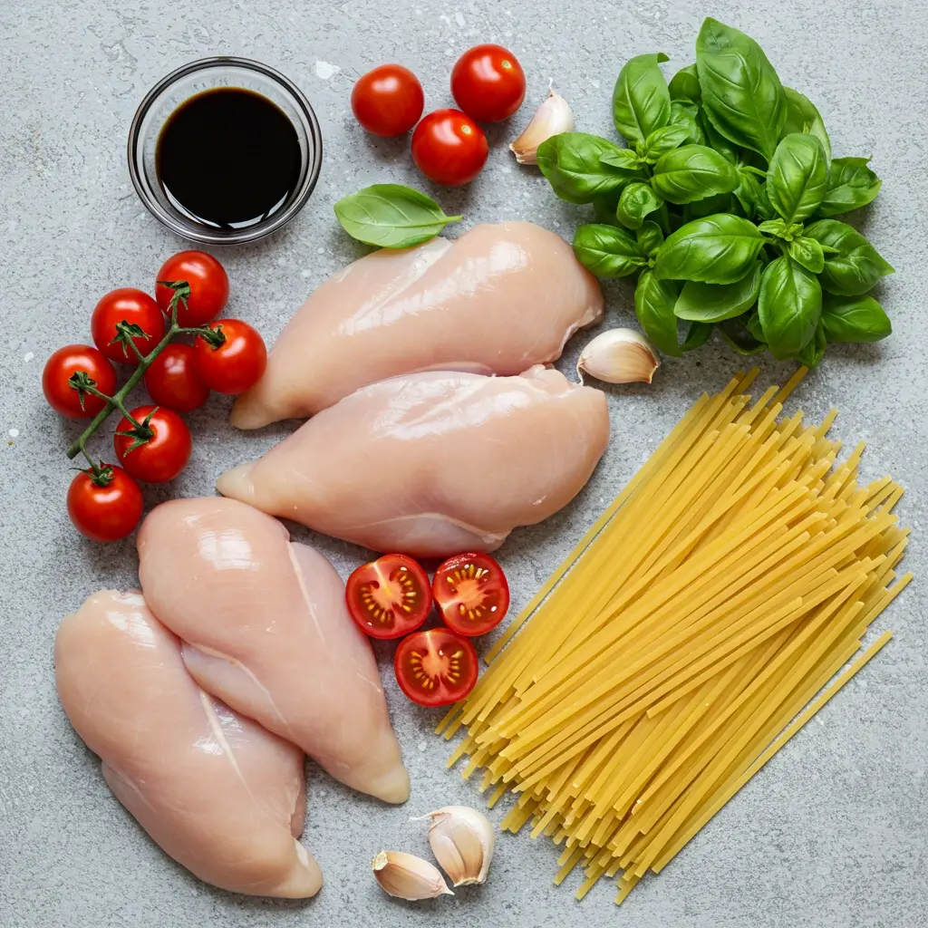 Ingredients for healthy bruschetta chicken pasta recipe