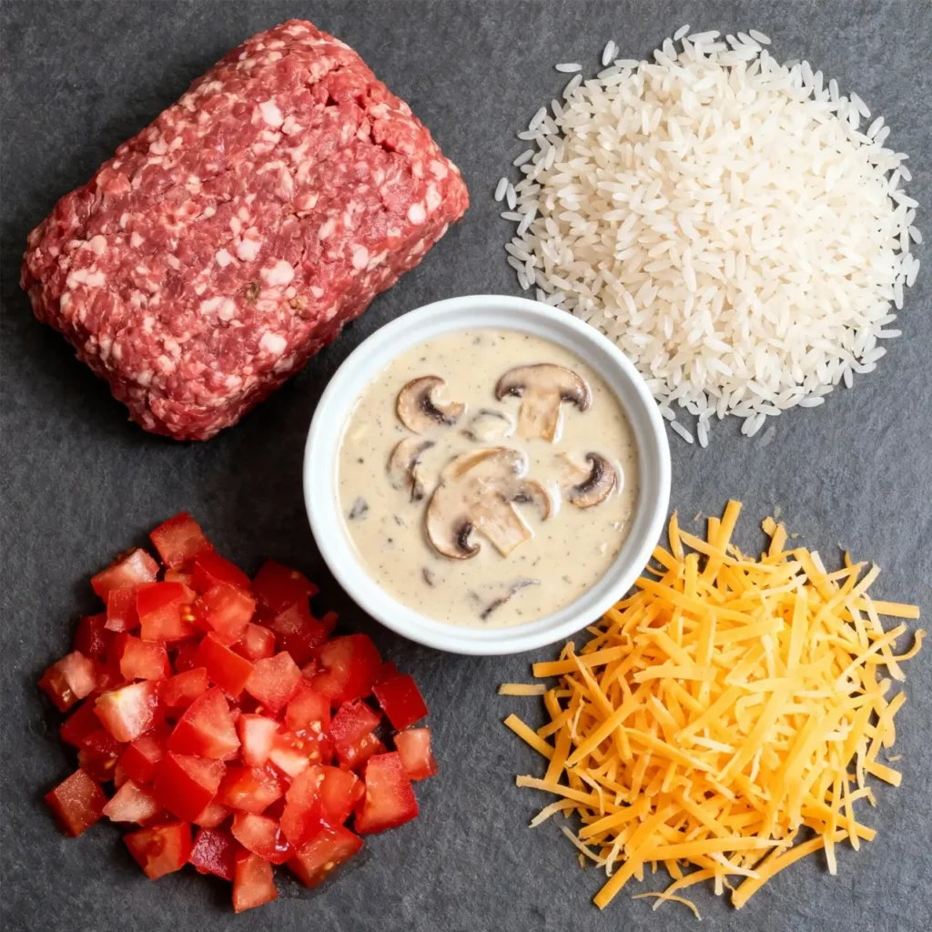 Ingredients for cheesy hamburger rice casserole