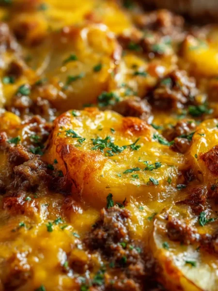 Cheesy Ground Beef and Potato Casserole served in rustic dish