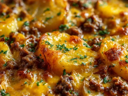 Cheesy Ground Beef and Potato Casserole served in rustic dish