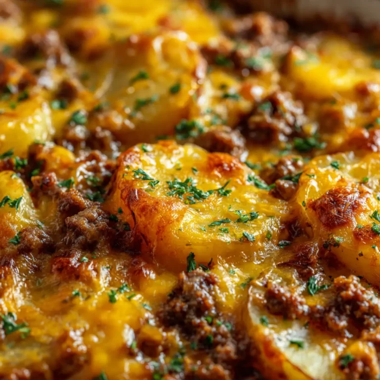 Cheesy Ground Beef and Potato Casserole served in rustic dish