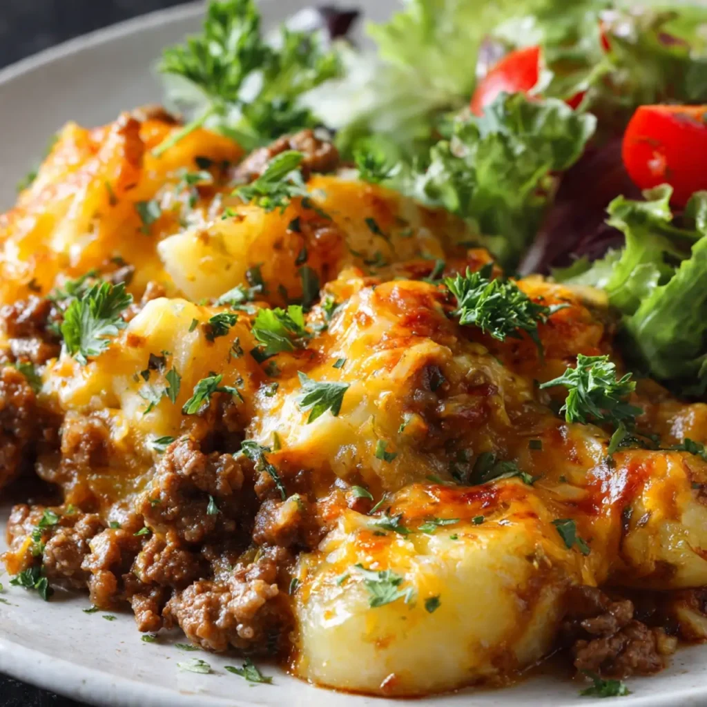 Serving of Cheesy Ground Beef and Potato Casserole with salad