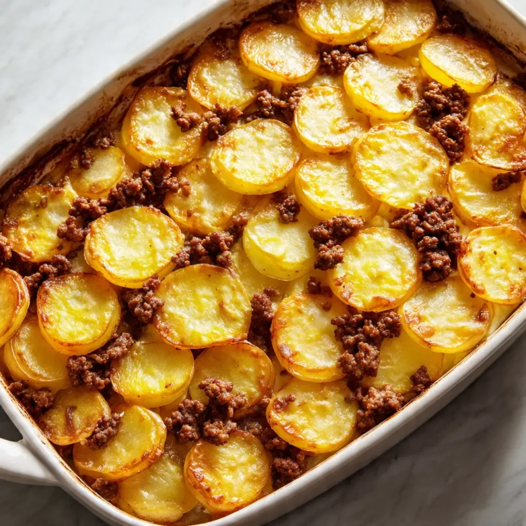 Layering beef and potatoes in casserole dish