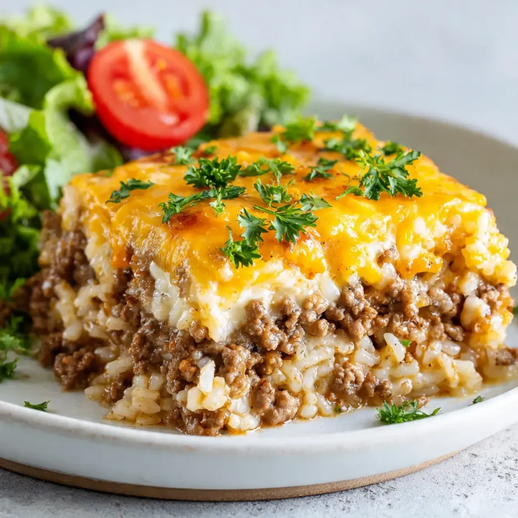 Cheesy Hamburger Rice Casserole fresh from oven