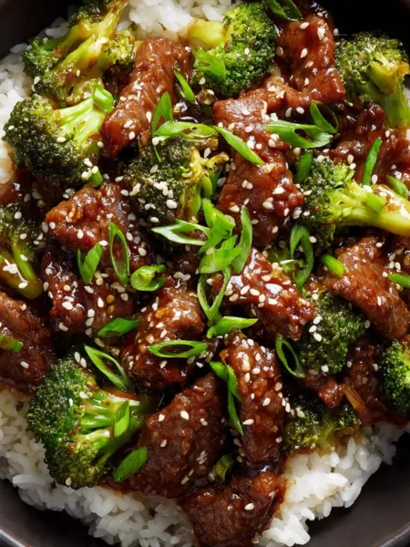 Chinese Beef and Broccoli served with rice and sesame garnish