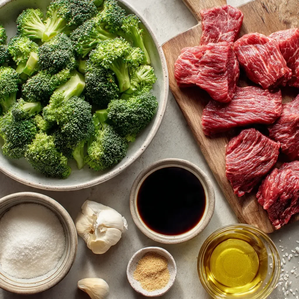 Ingredients for Chinese Beef and Broccoli including steak, broccoli, and sauces