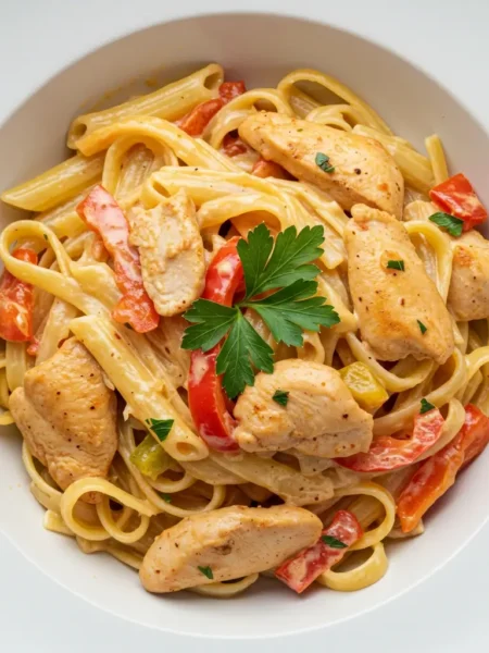 Creamy Cajun Chicken Pasta served in a white bowl with parsley
