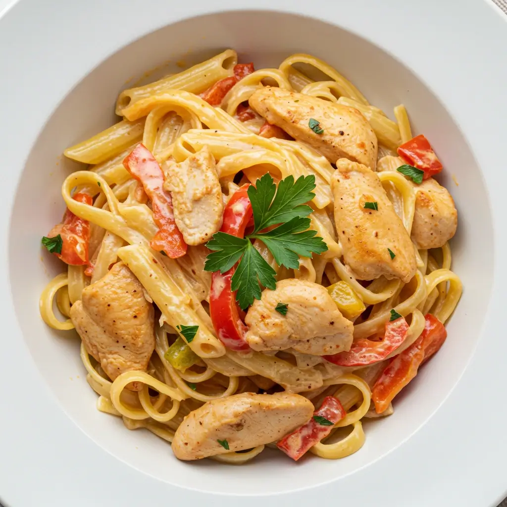 Creamy Cajun Chicken Pasta served in a white bowl with parsley
