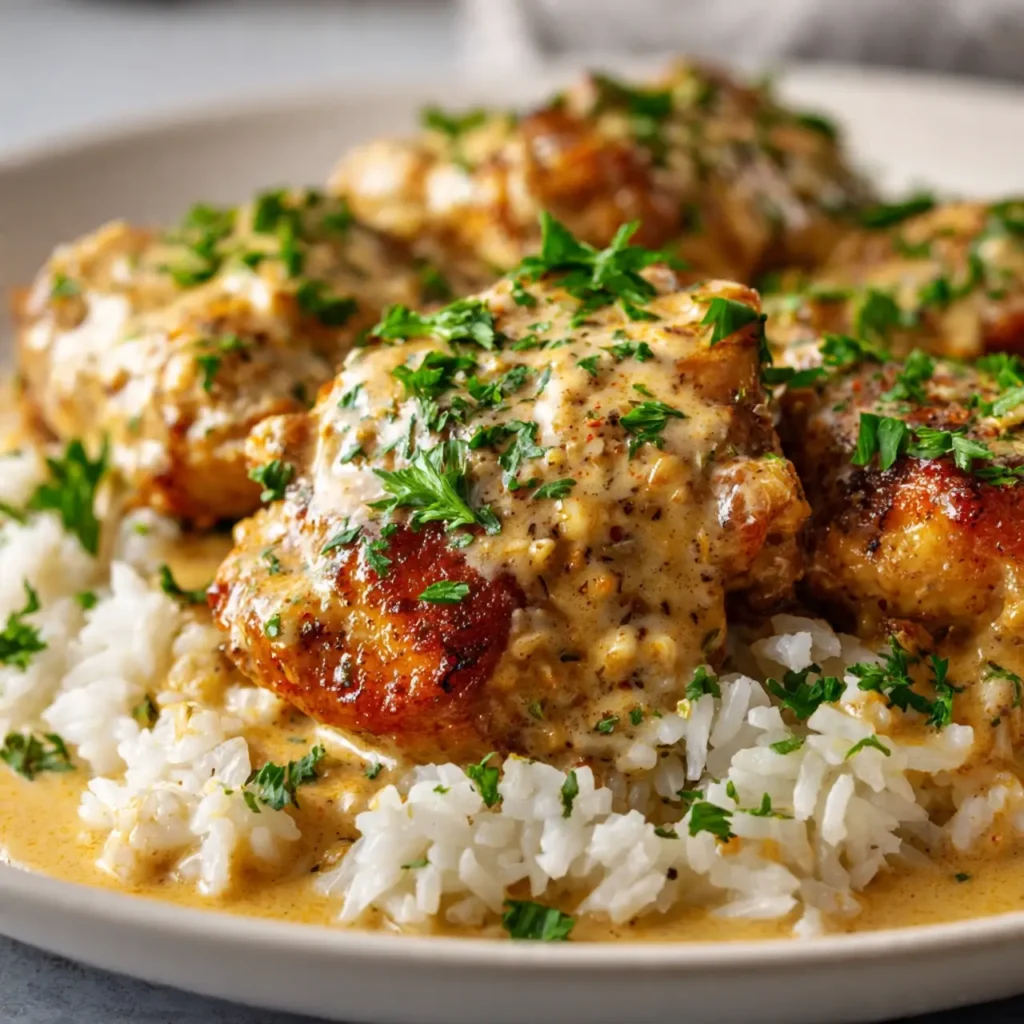 Creamy creamy smothered chicken and rice recipe served with vegetables