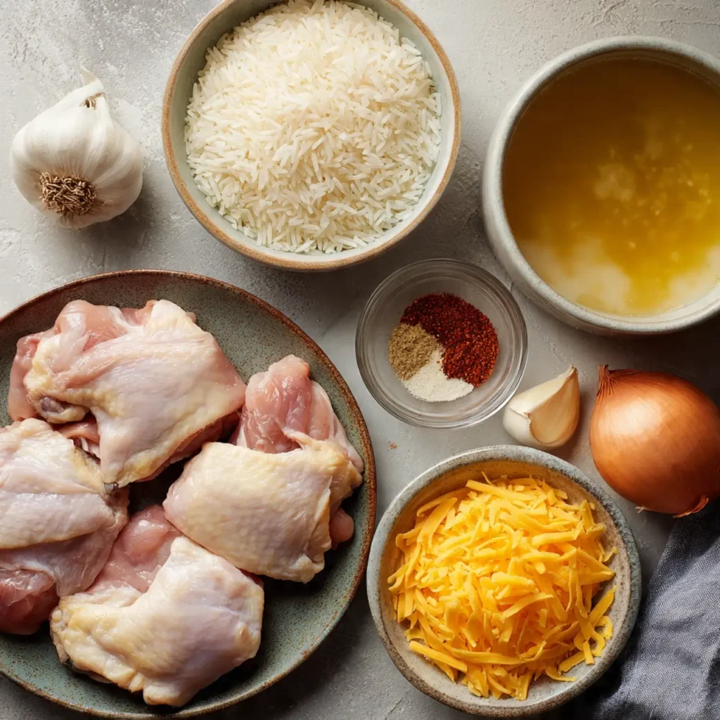 Ingredients for creamy creamy smothered chicken and rice recipe