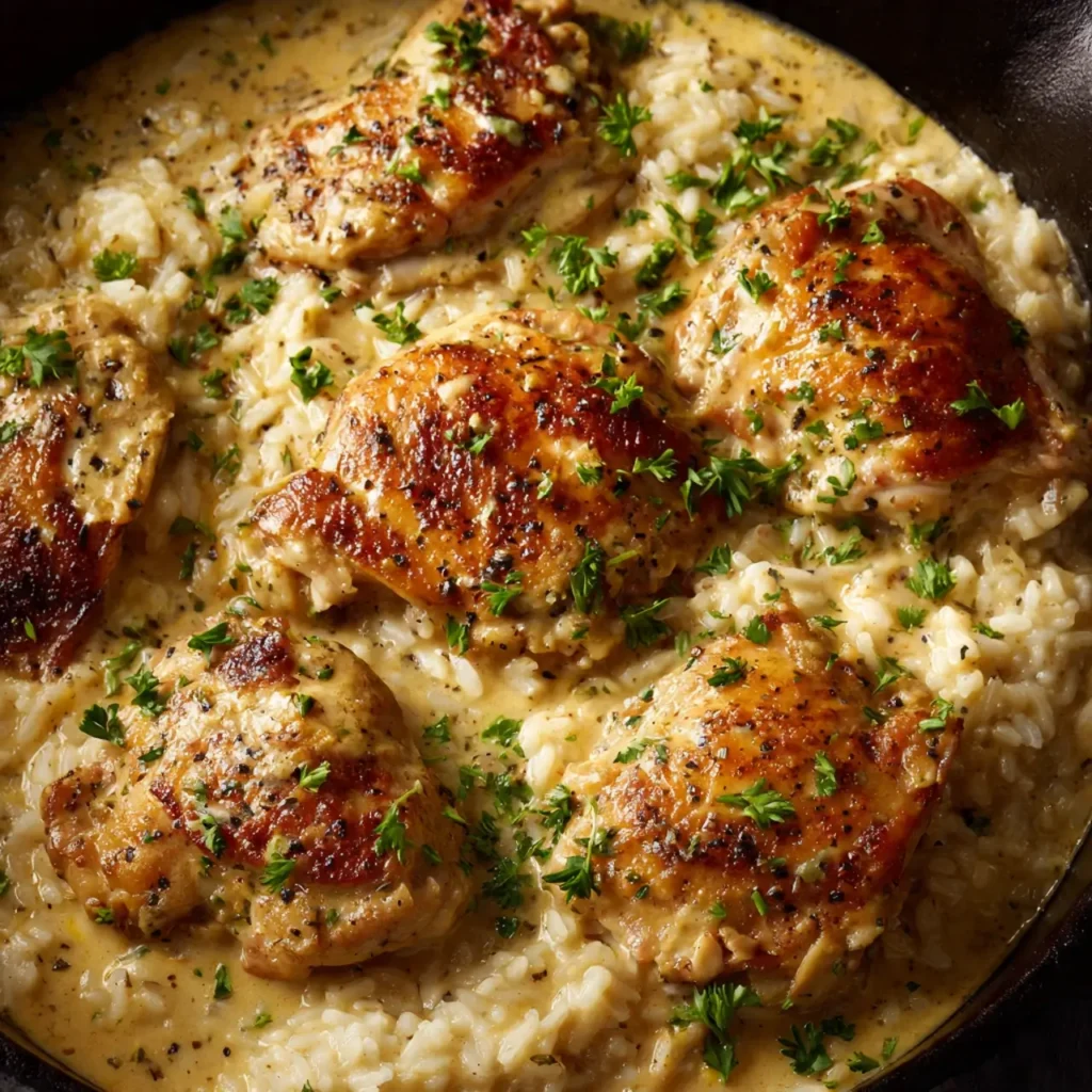 Creamy creamy smothered chicken and rice recipe in a skillet