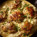 Creamy creamy smothered chicken and rice recipe in a skillet