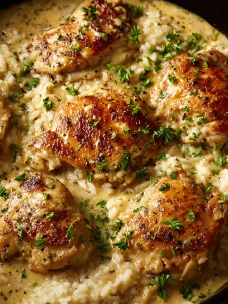 Creamy creamy smothered chicken and rice recipe in a skillet