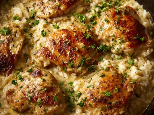 Creamy creamy smothered chicken and rice recipe in a skillet