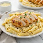 Creamy Garlic Parmesan Chicken Pasta served in a rustic white bowl with chicken and parsley