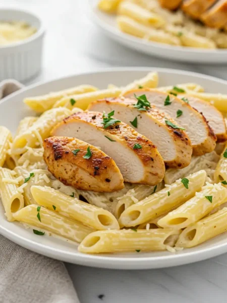 Creamy Garlic Parmesan Chicken Pasta served in a rustic white bowl with chicken and parsley