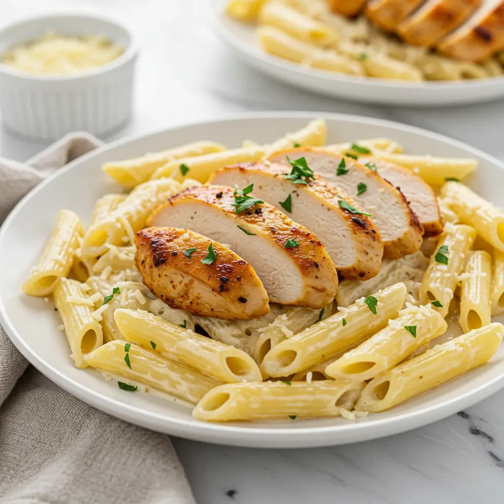 Creamy Garlic Parmesan Chicken Pasta served in a rustic white bowl with chicken and parsley