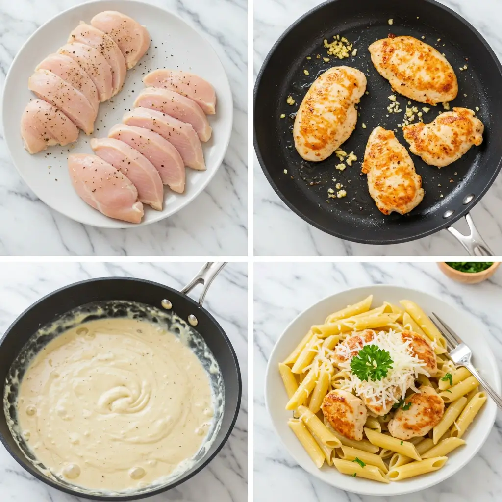 Step-by-step collage showing how to make creamy garlic parmesan chicken penne pasta