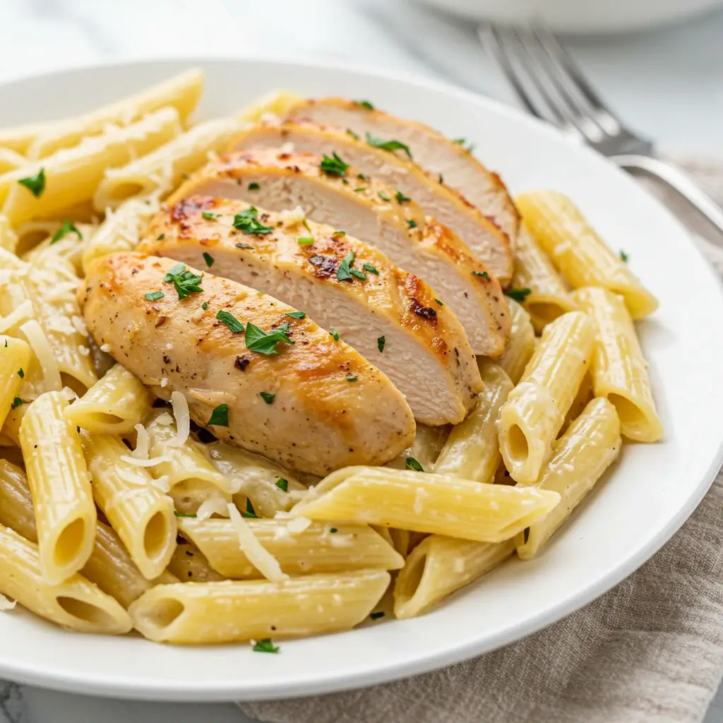 Creamy Garlic Parmesan Chicken Pasta served with bread on a dinner table