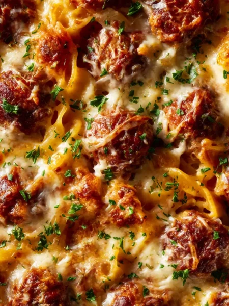 Dump-and-Bake Meatball Casserole fresh from oven