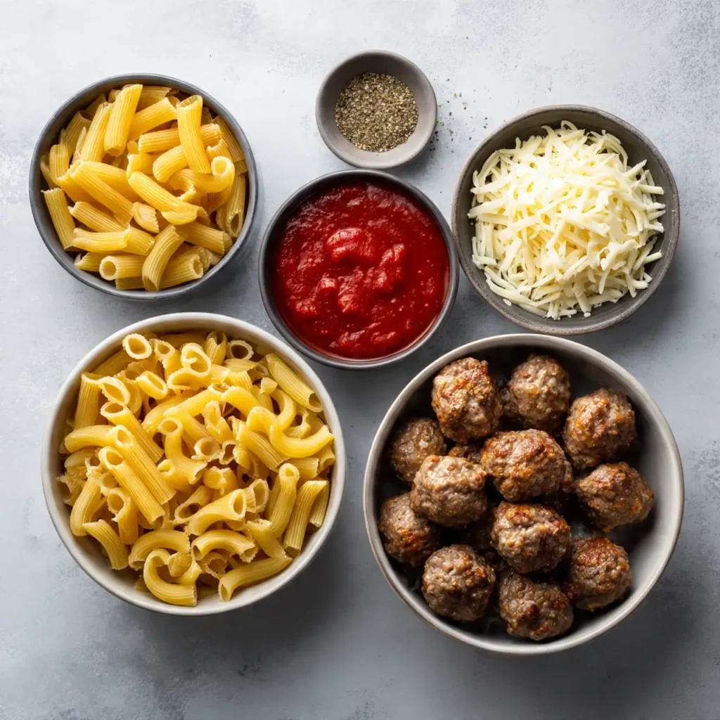 Ingredients for Dump-and-Bake Meatball Casserole on counter