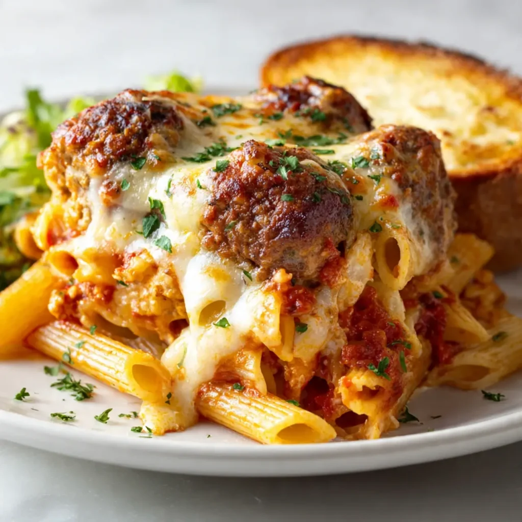 Served Dump-and-Bake Meatball Casserole with salad and bread