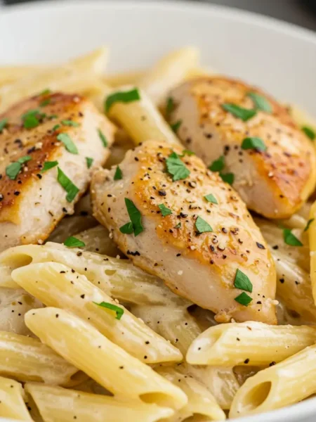 Easy honey pepper chicken pasta in a white bowl with parmesan