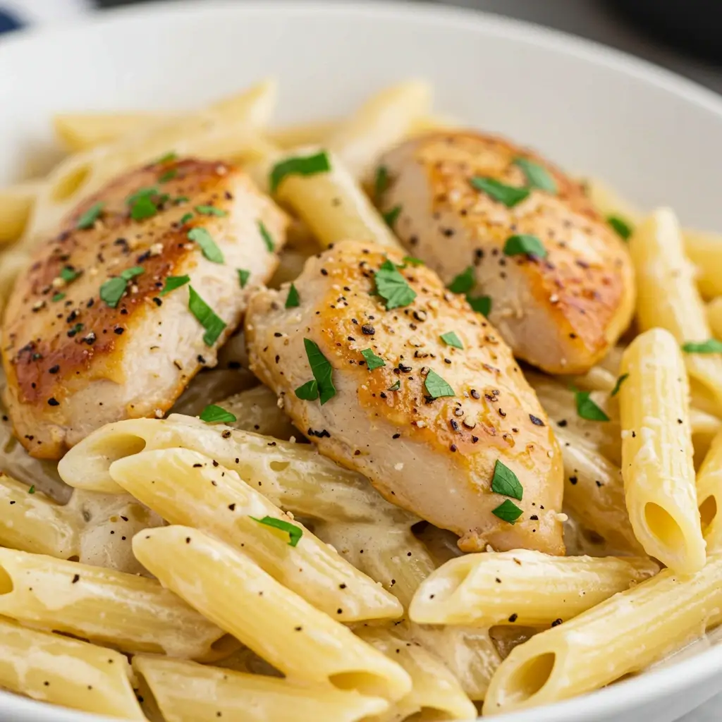 Easy honey pepper chicken pasta in a white bowl with parmesan