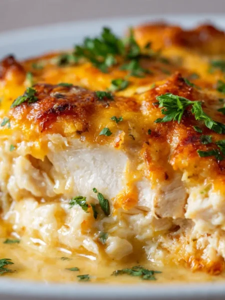 Easy Low Carb Chicken Casserole baked with cheese