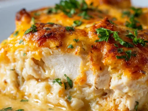 Easy Low Carb Chicken Casserole baked with cheese