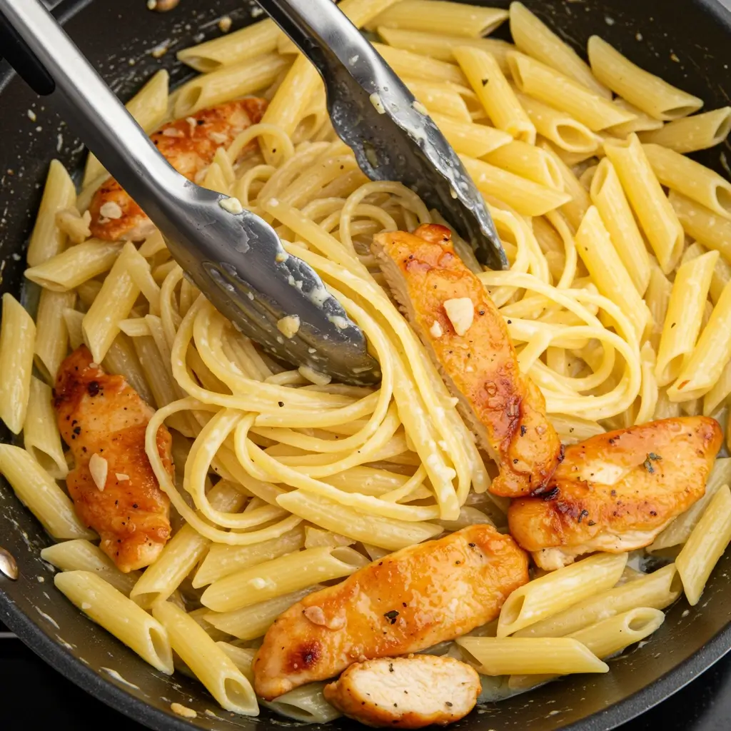 Mixing garlic butter chicken pasta in one skillet