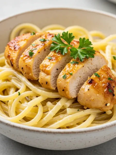 Garlic Butter Chicken Pasta in serving bowl