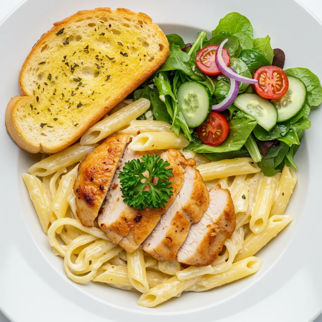Garlic butter chicken pasta plated and ready to serve
