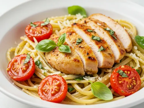 Healthy bruschetta chicken pasta with fresh basil and tomatoes