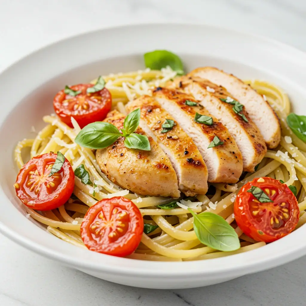 Healthy bruschetta chicken pasta with fresh basil and tomatoes