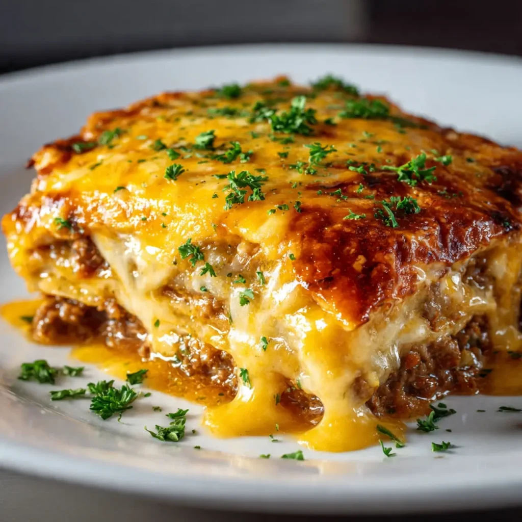 Slice of cheesy Hobo Casserole on dinner plate