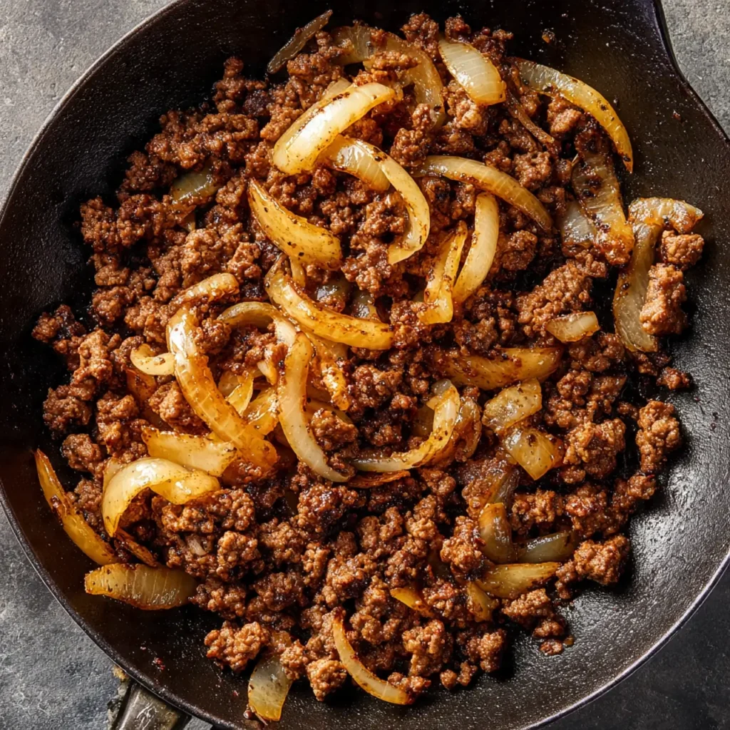 Ground beef and onions browning in skillet