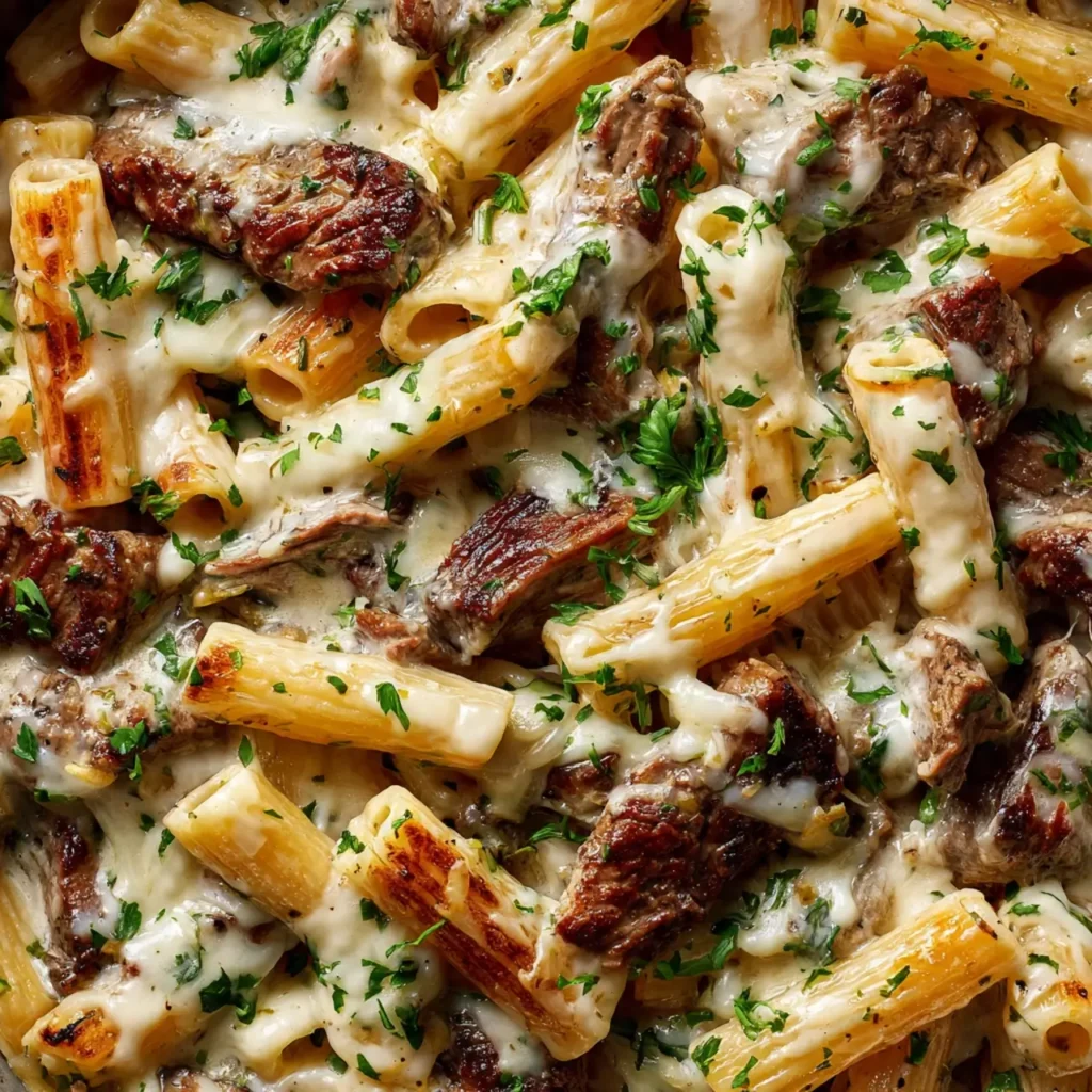 Delicious Philly Cheese Steak Pasta Recipe served hot in a skillet