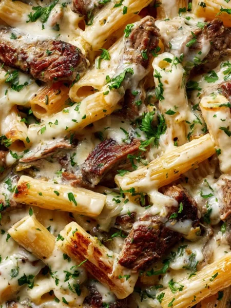 Delicious Philly Cheese Steak Pasta Recipe served hot in a skillet