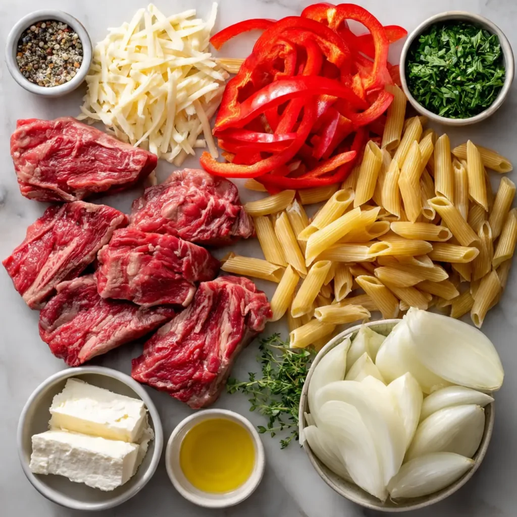 Ingredients for Delicious Philly Cheese Steak Pasta Recipe