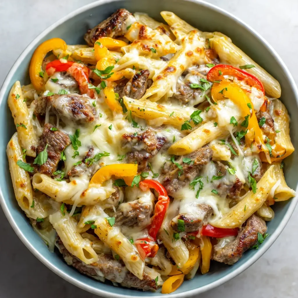 Served Delicious Philly Cheese Steak Pasta Recipe with garlic bread