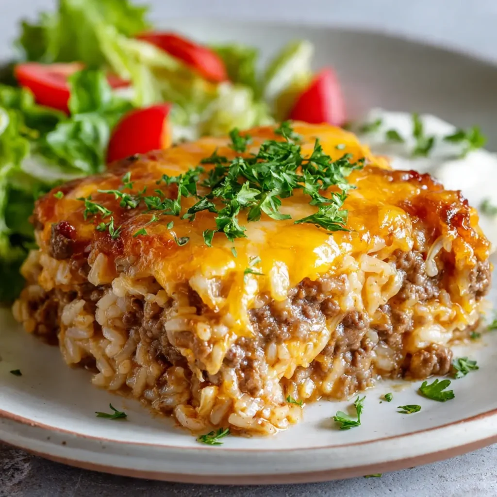 Serving of cheesy hamburger rice casserole on plate