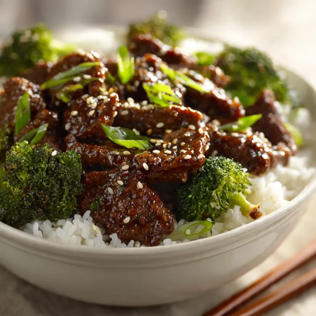 Chinese Beef and Broccoli bowl with chopsticks and rice