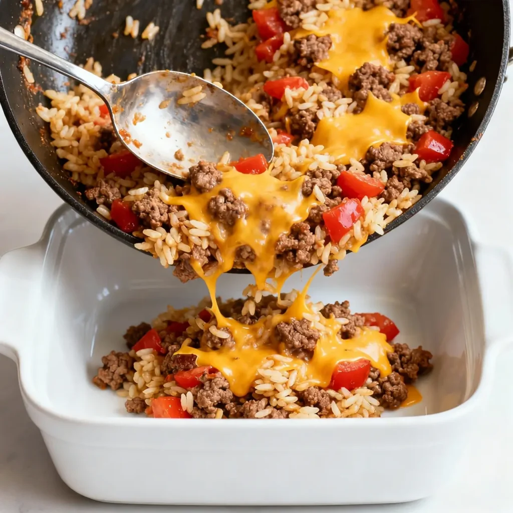 Hamburger rice mixture being added to casserole dish