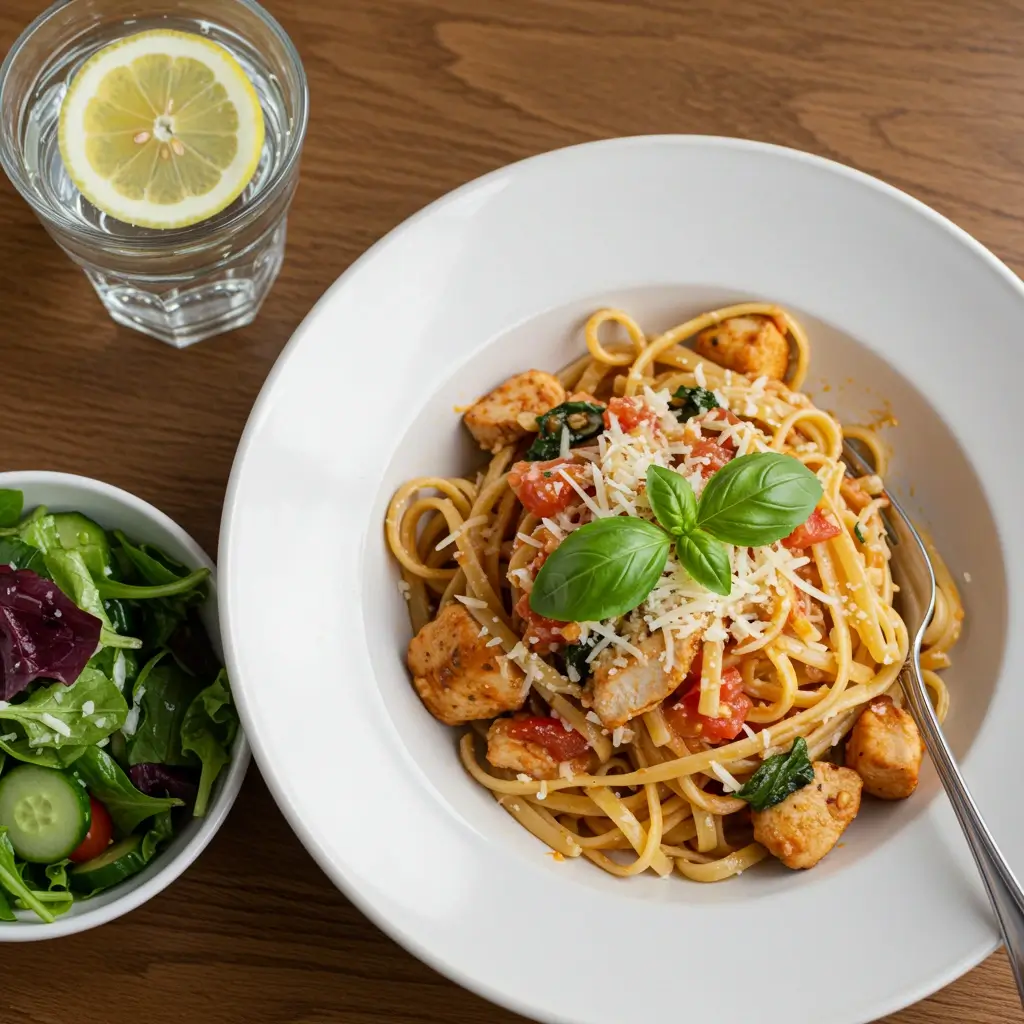 Served healthy bruschetta chicken pasta with salad