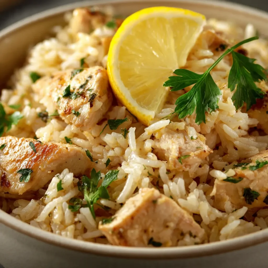 Bowl of cooked slow cooker lemon herb chicken and rice