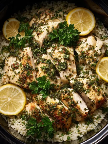 Slow Cooker Lemon Herb Chicken and Rice in crockpot